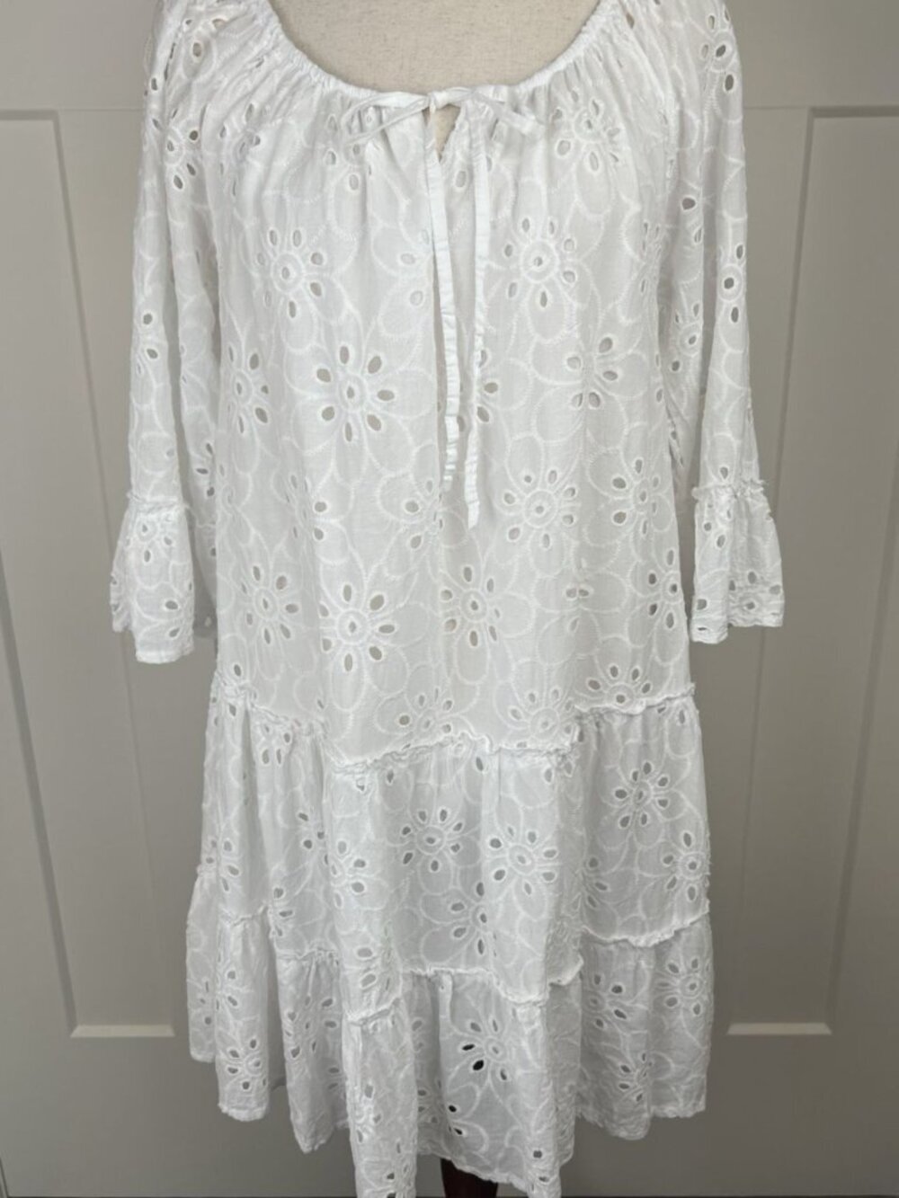 Valentina Naldi Italy White Eyelet Dress Tiered Bell Sleeve Cotton Medium